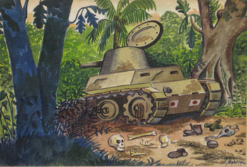 Original painting of a Japanese tank knocked out on Guam by E. Hohlfeld of the 3rd Marine Division